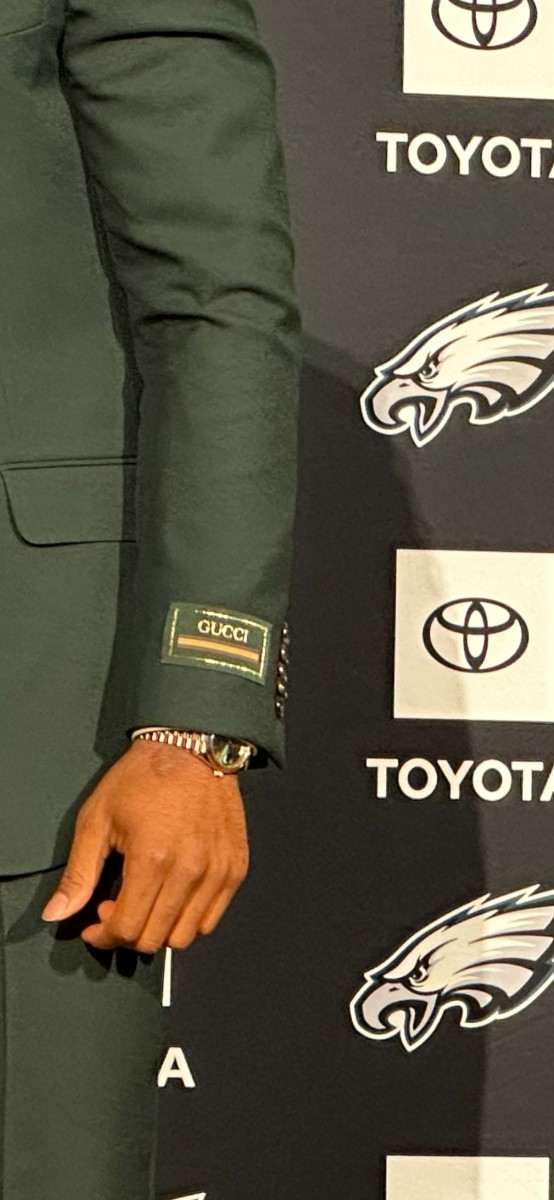 The Gucci label on the suit Jalen Hurts wore to Monday's news conference